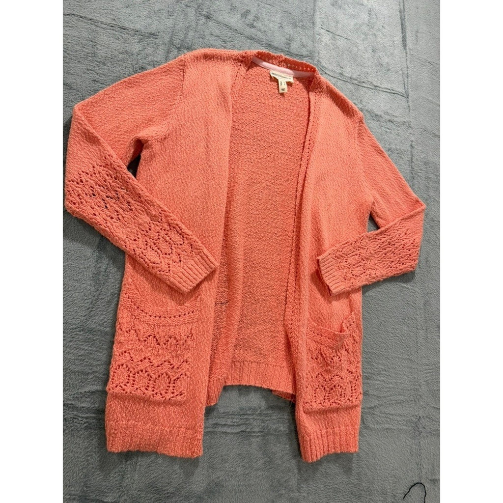 Bridgehampton Isaac Mizrahi Live Women Coral Pink Crochet Pointelle Cardigan L