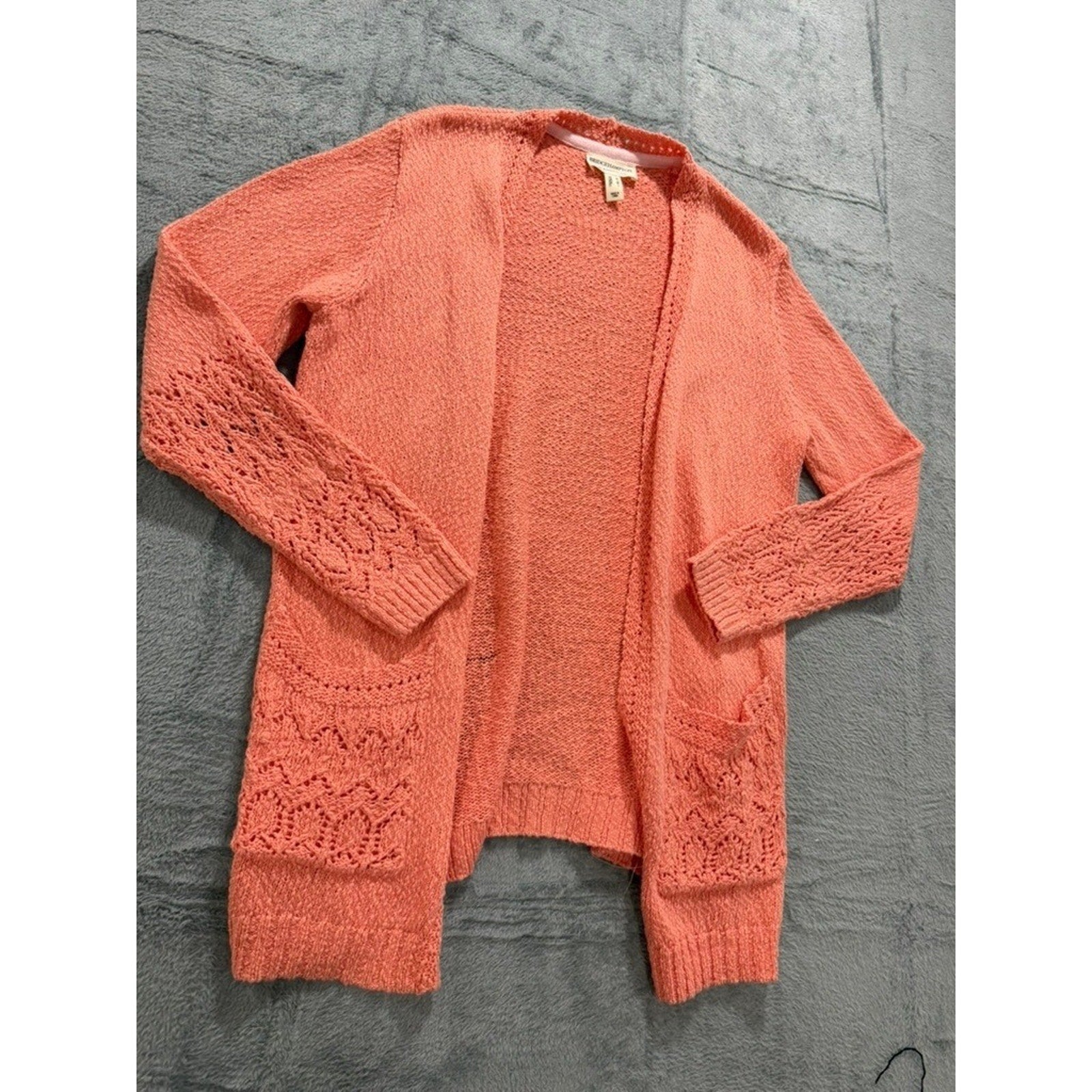 Bridgehampton Isaac Mizrahi Live Women Coral Pink Crochet Pointelle Cardigan L