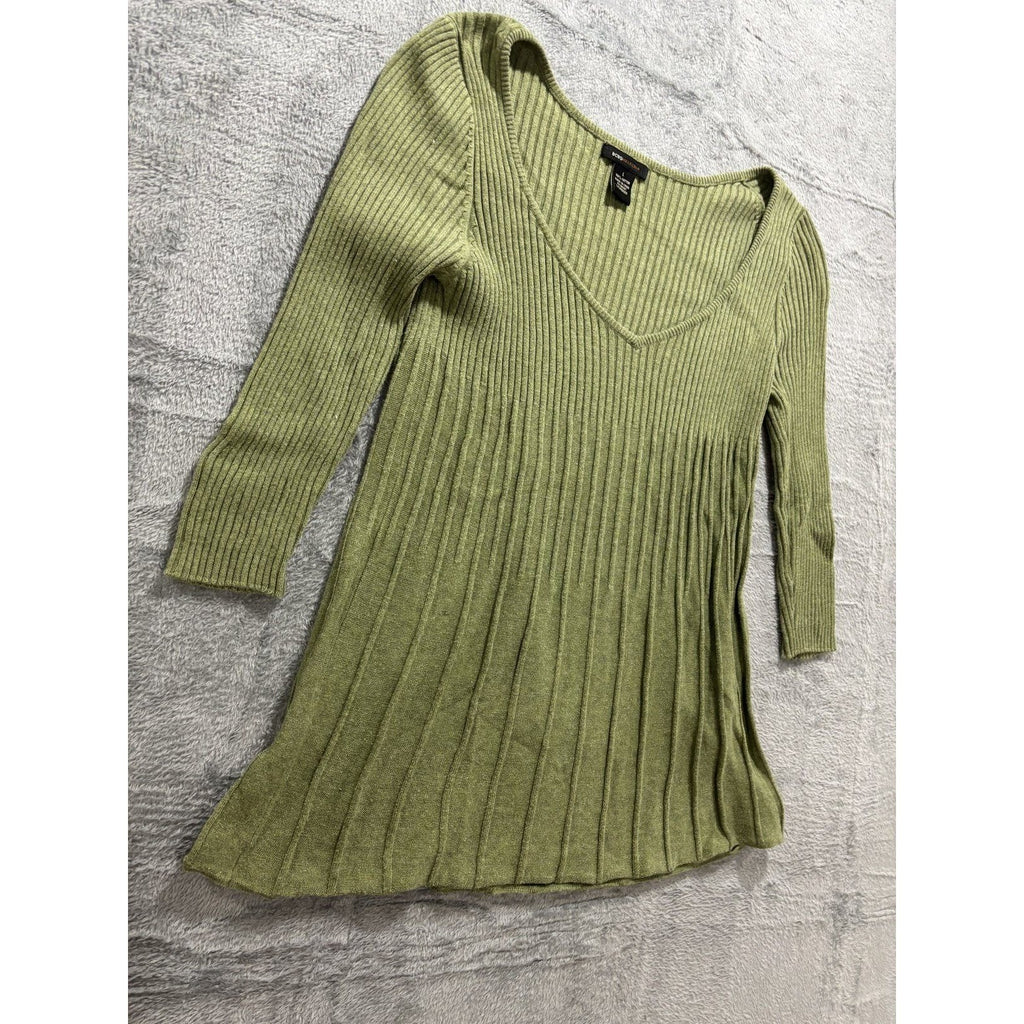 BCBGMAXAZRIA L Green Ribbed Knit V-Neck Peplum Top Womens Boho Casual