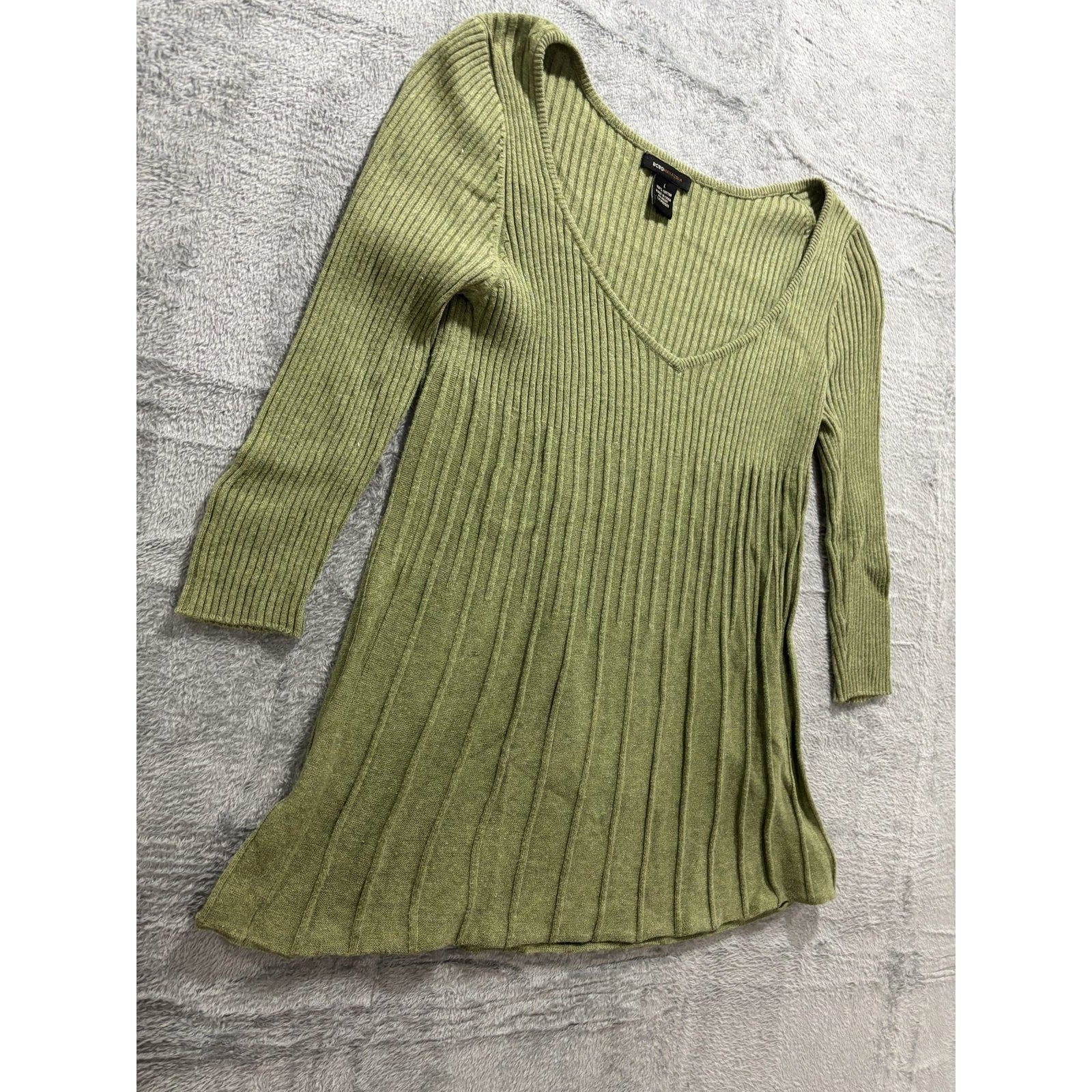 BCBGMAXAZRIA L Green Ribbed Knit V-Neck Peplum Top Womens Boho Casual