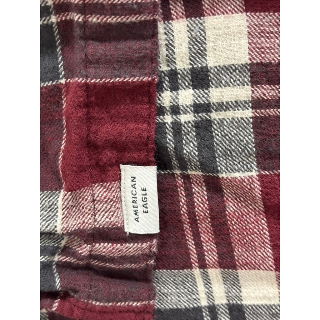 American Eagle M Red Plaid Hooded Flannel Shirt Womens Casual Vintage Style
