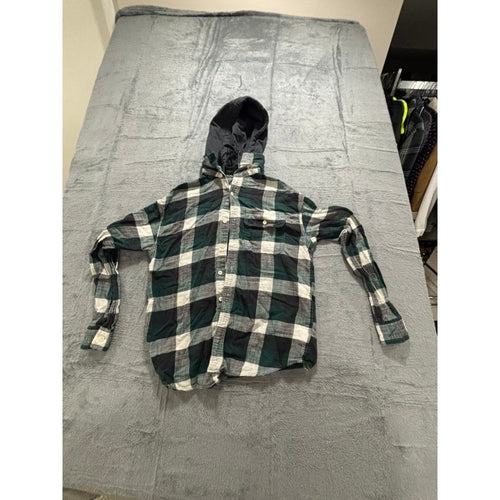 American Eagle S Green Plaid Hooded Flannel Shirt Womens Casual Vintage Style