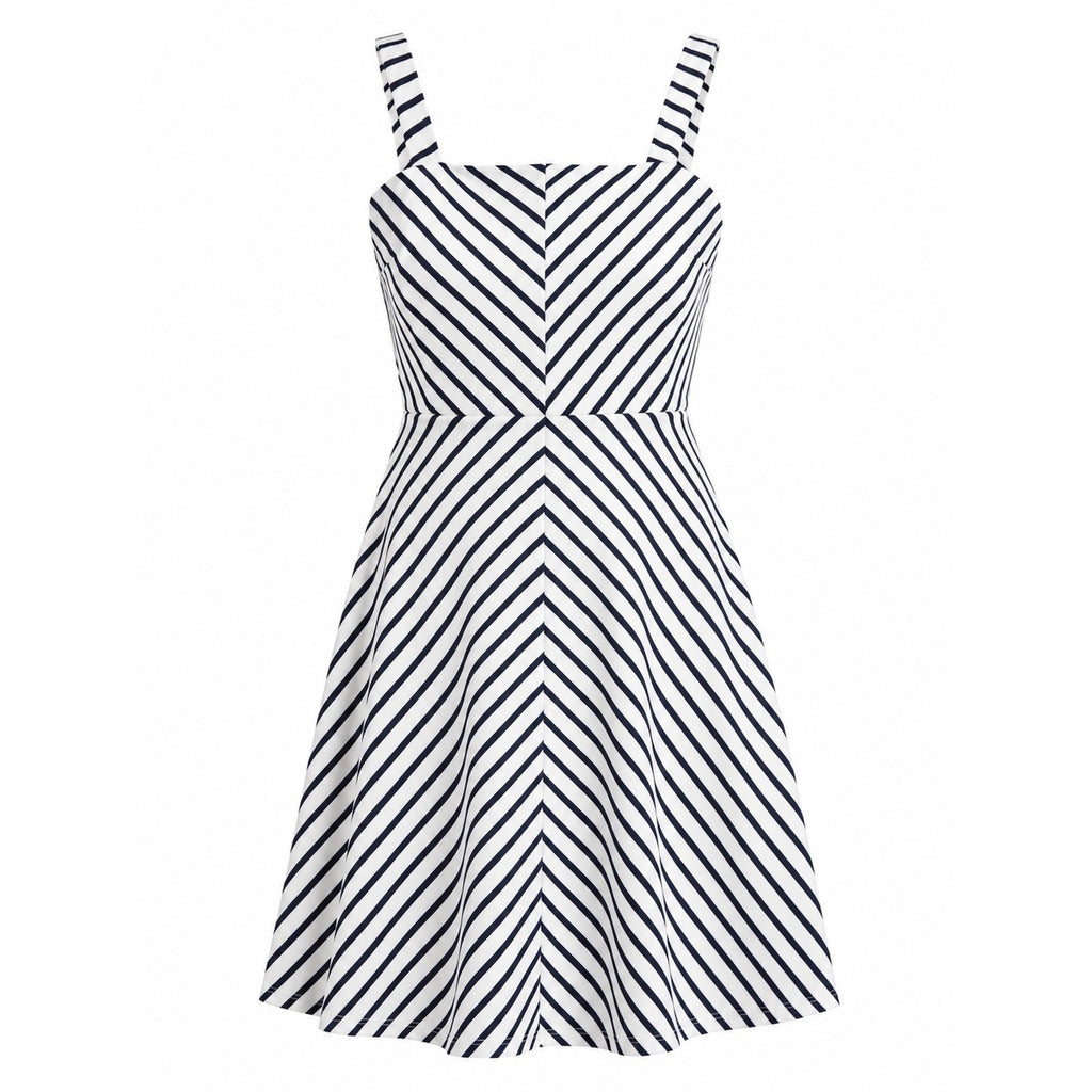 Womens Navy White Chevron Striped Fit Flare Mini Dress Square Neck Sleeveless