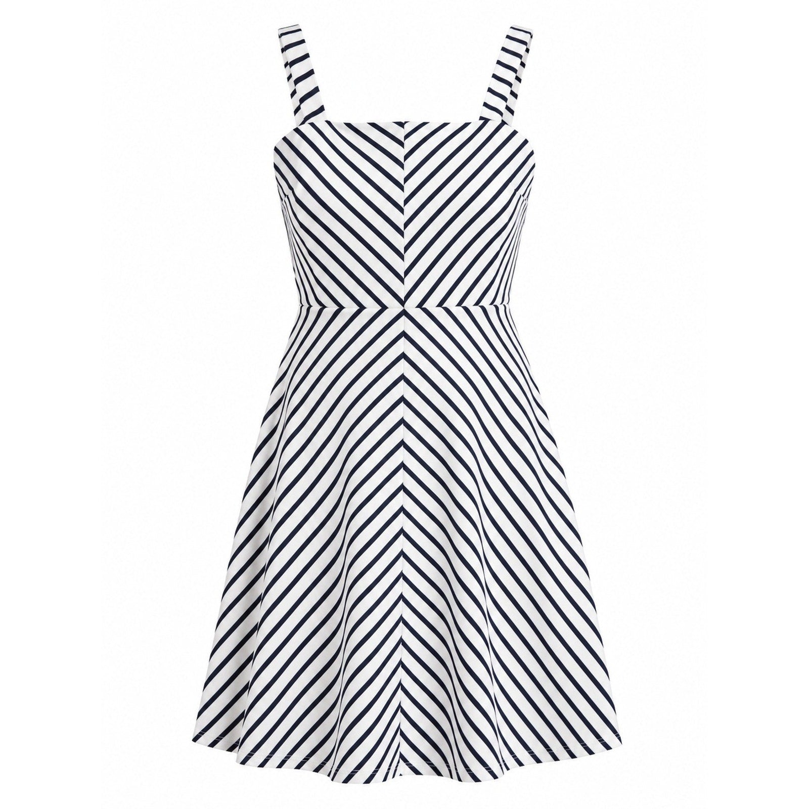 Womens Navy White Chevron Striped Fit Flare Mini Dress Square Neck Sleeveless