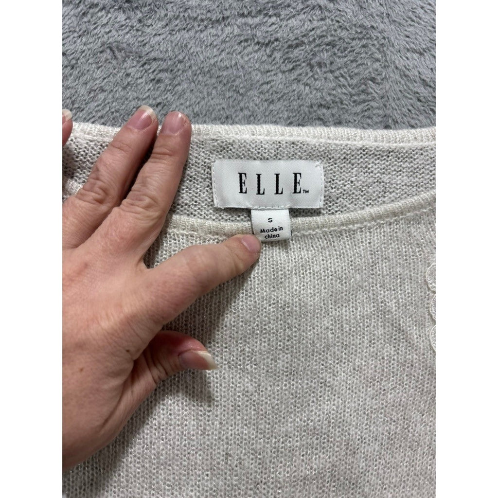 ELLE Sweater Womens Small Cream Lace Shoulder Knit Lightweight Classic