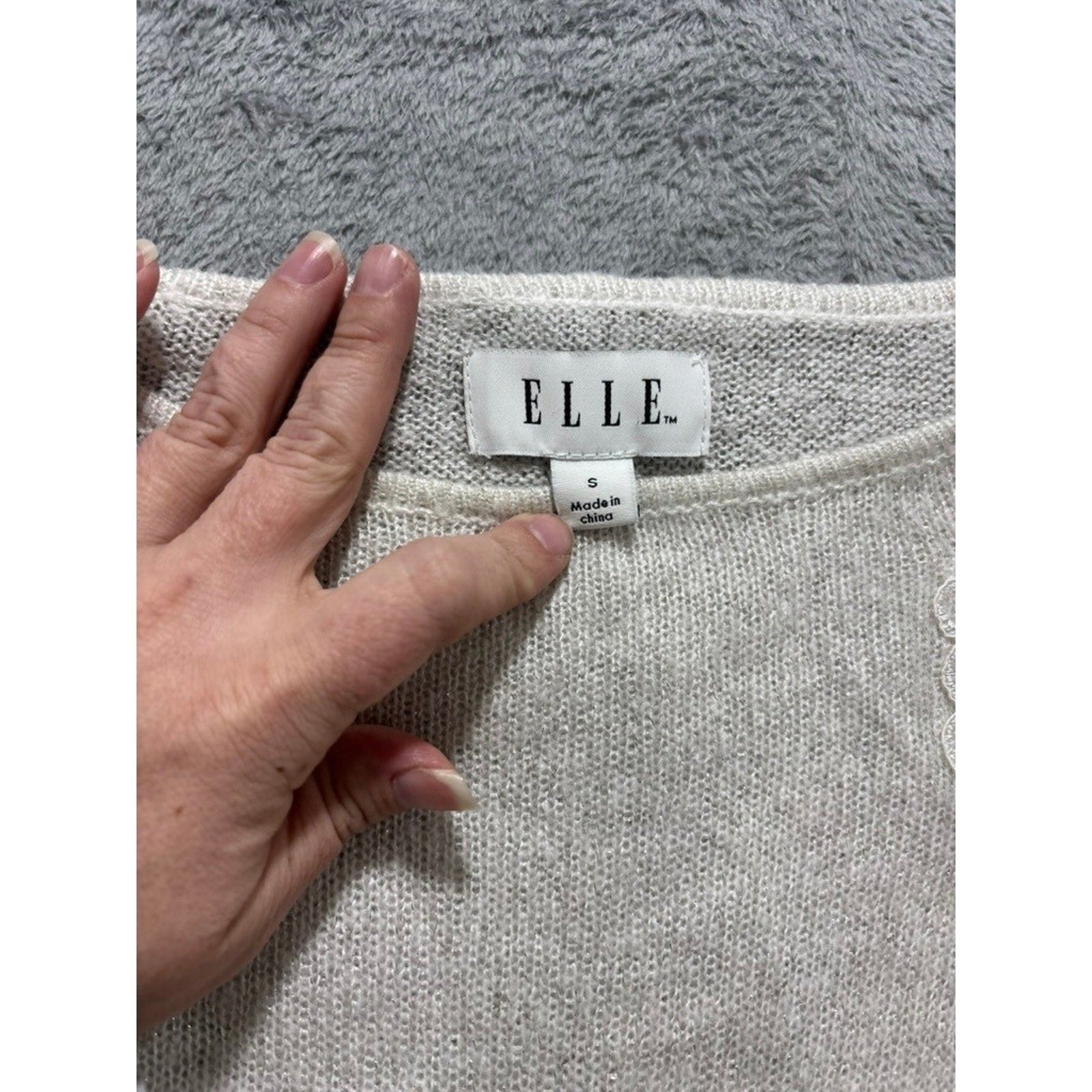 ELLE Sweater Womens Small Cream Lace Shoulder Knit Lightweight Classic