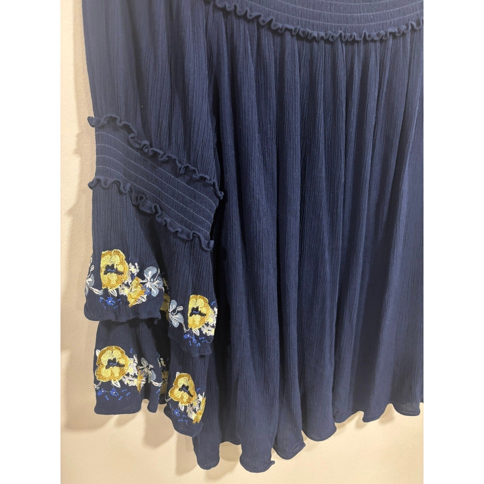MAX EDITION Navy Off Shoulder Boho Peasant Blouse Embroidered L Coastal Cowgirl