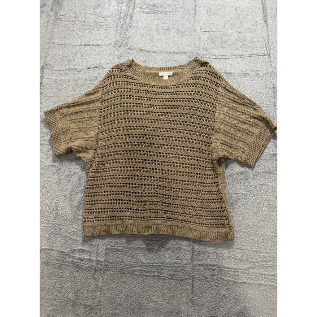 New York & Company Sweater Top Womens M Beige Open Knit Short Sleeve Metallic