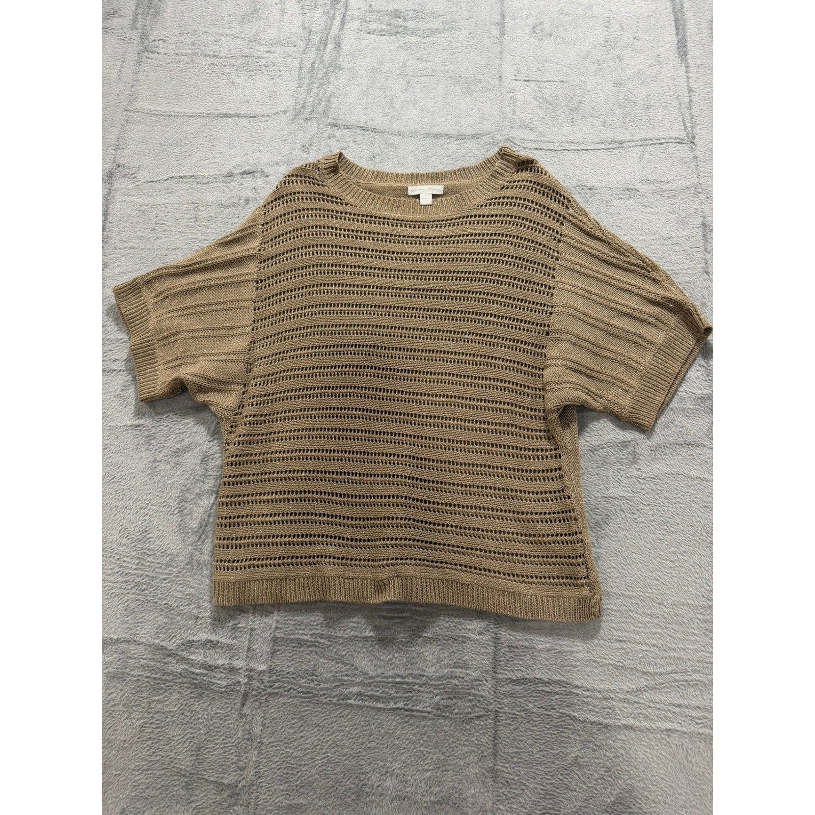 New York & Company Sweater Top Womens M Beige Open Knit Short Sleeve Metallic