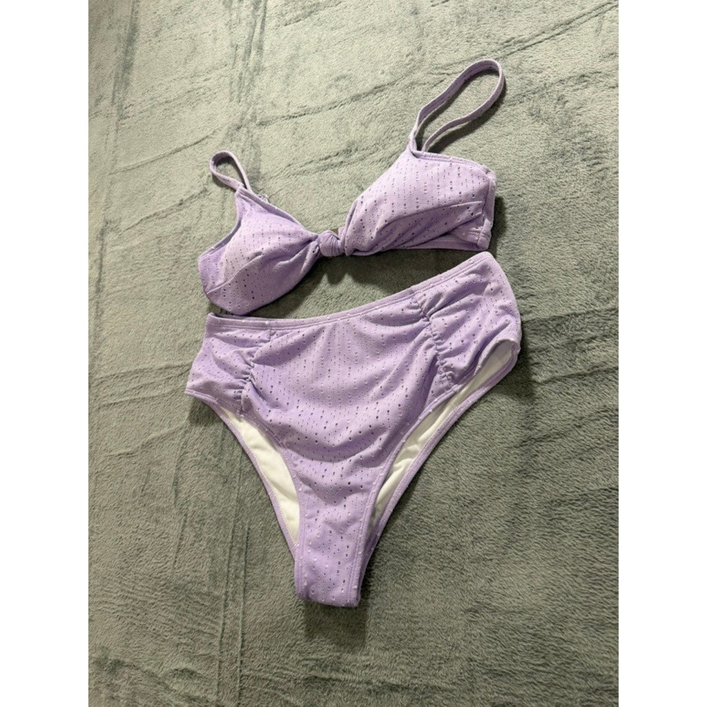 Lavender Eyelet Knot Front High Waisted Bikini Set Purple 1XL Plus Size Swimwear