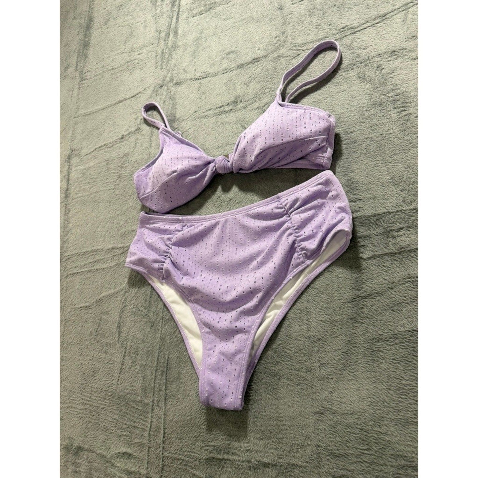 Lavender Eyelet Knot Front High Waisted Bikini Set Purple 1XL Plus Size Swimwear