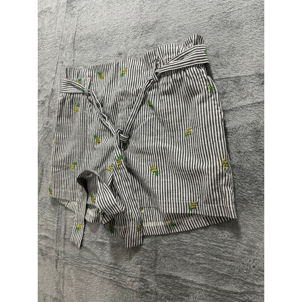 Potter's Pot Shorts Women M Stripe Pineapple Embroidered Tie Waist Summer