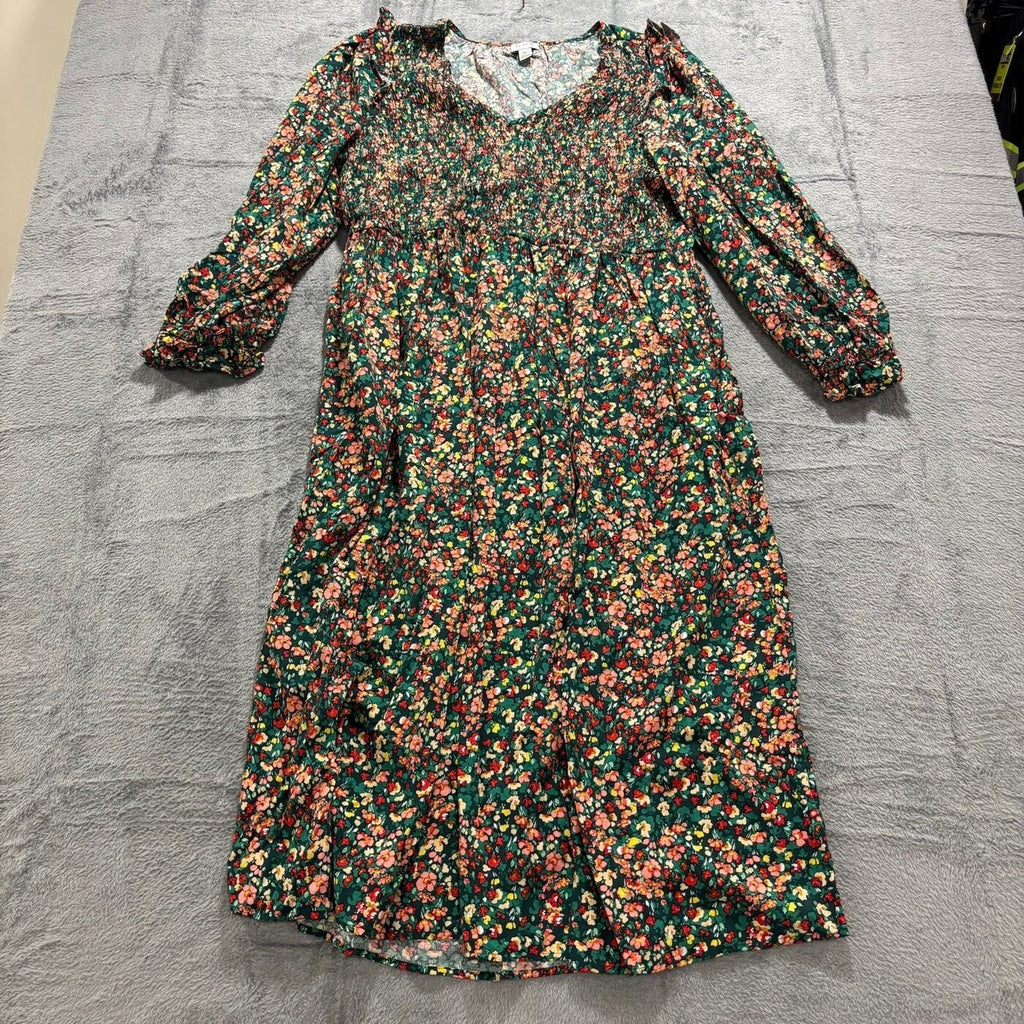 J.Crew Womens XL Green Floral Smocked Re-Imagined Viscose Midi Dress Boho Casual
