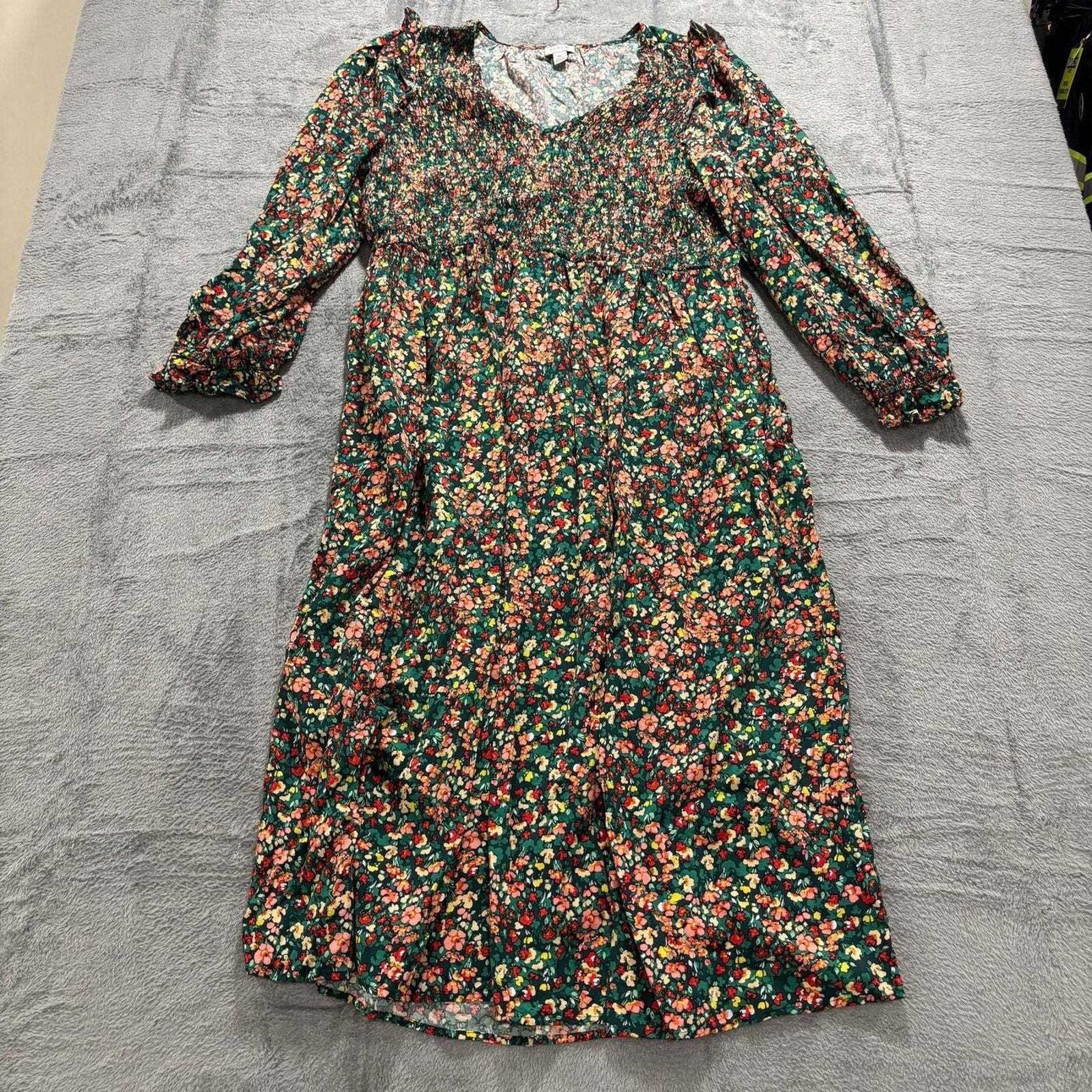 J.Crew Womens XL Green Floral Smocked Re-Imagined Viscose Midi Dress Boho Casual