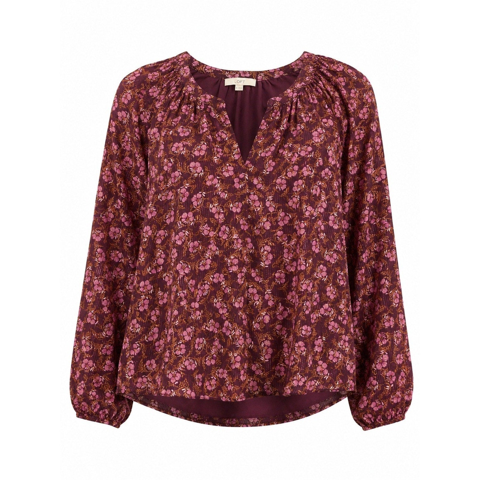 LOFT Womens XL Plum Floral Metallic Stripe Split Neck Balloon Sleeve Blouse
