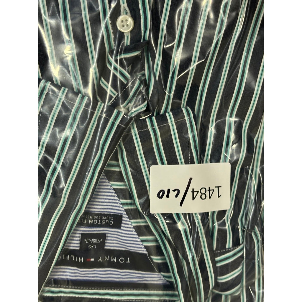 Tommy Hilfiger L Green Blue Striped Button Down Shirt Mens Custom Fit Preppy