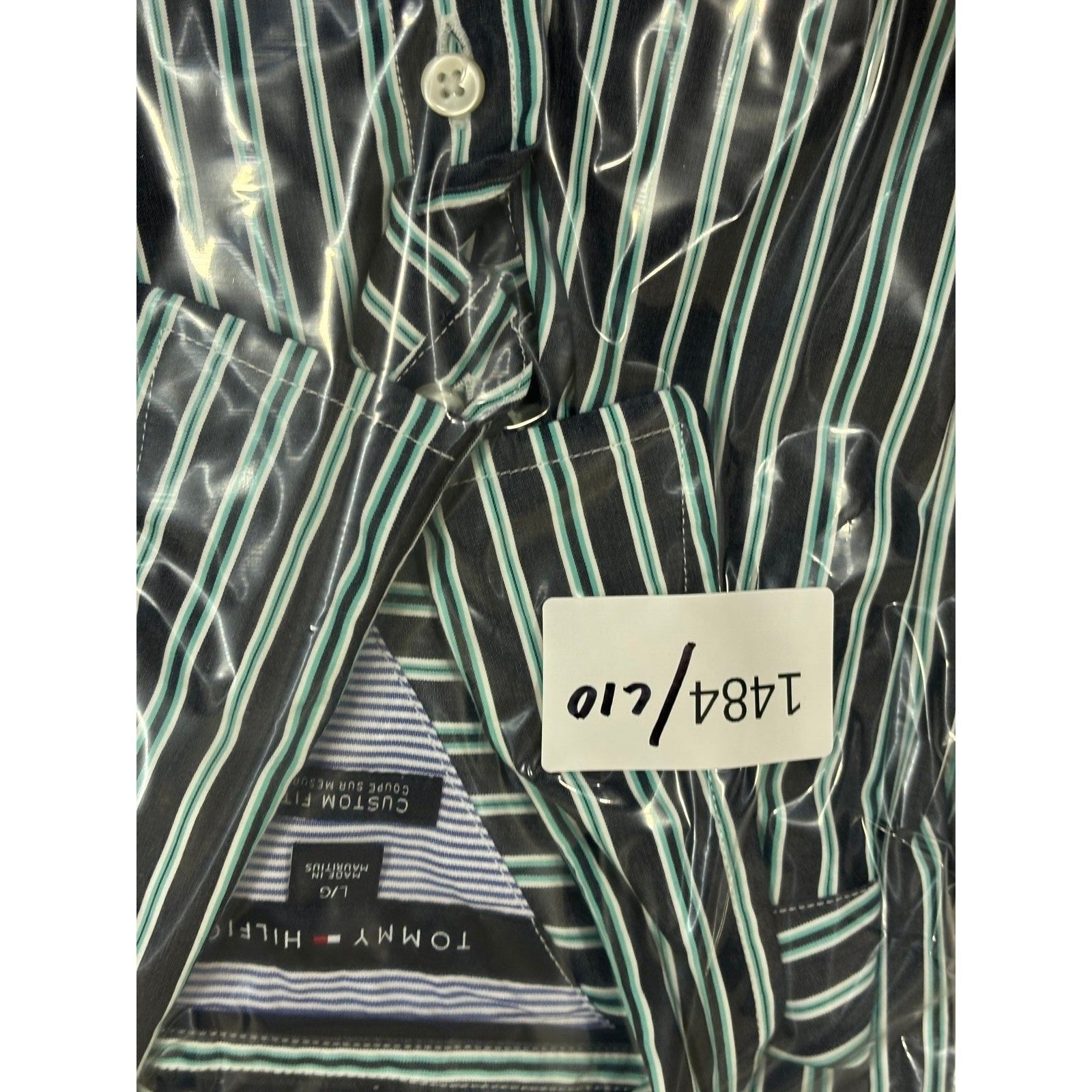 Tommy Hilfiger L Green Blue Striped Button Down Shirt Mens Custom Fit Preppy