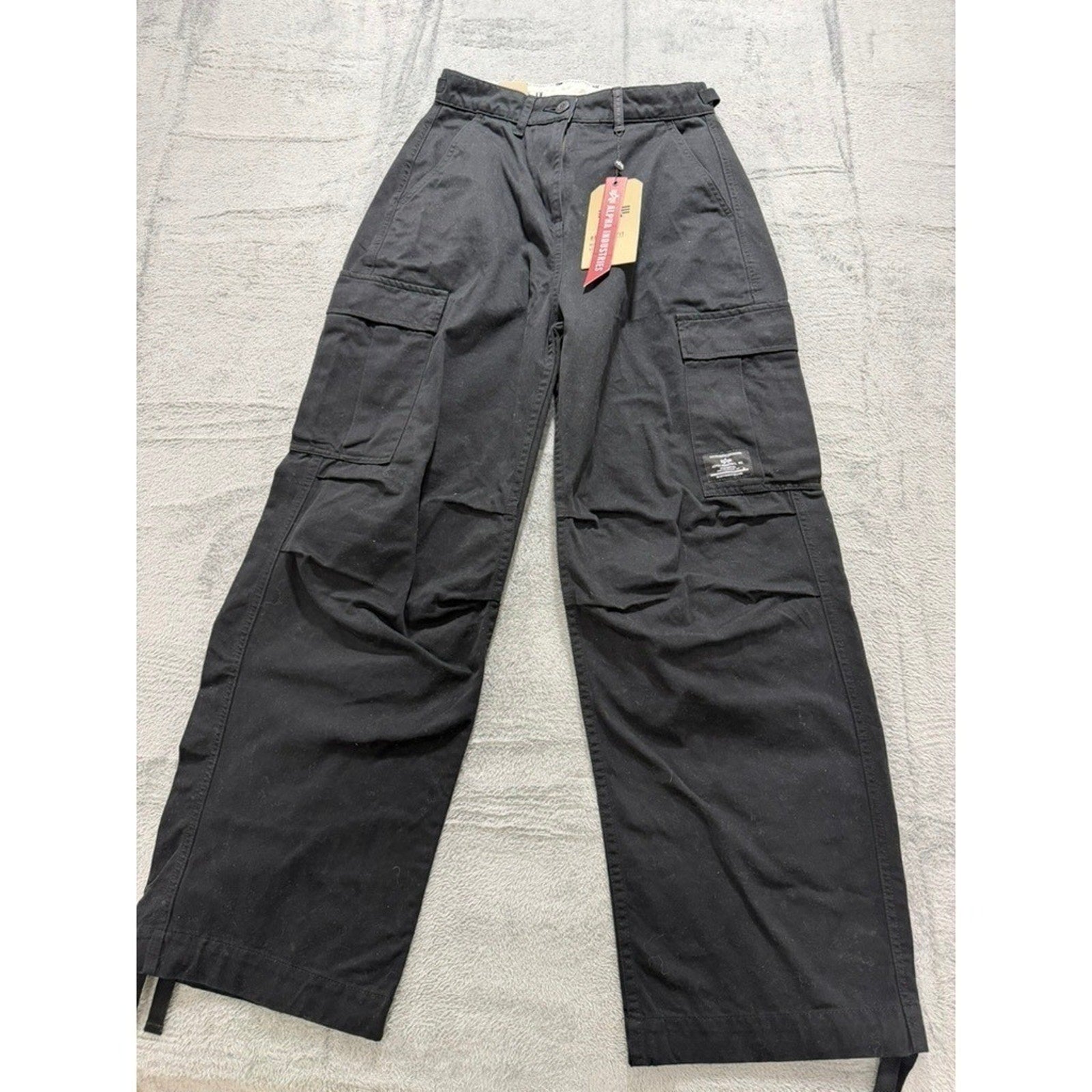 NWT Alpha Industries Cargo Pants Mens 27x28 Black Wide Leg Tactical Streetwear