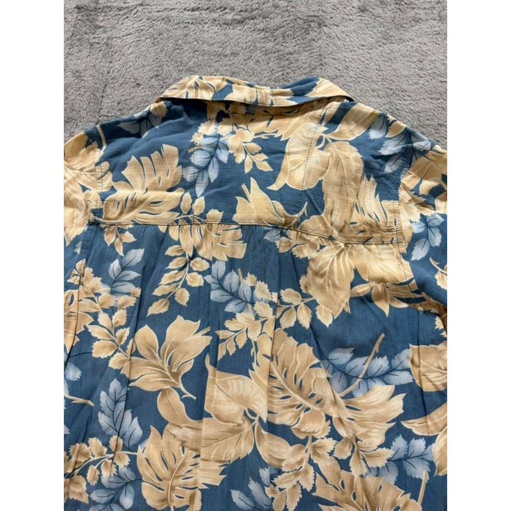 ANALOGY Button Up Shirt Womens PS Blue Beige Floral Hawaiian Tropical