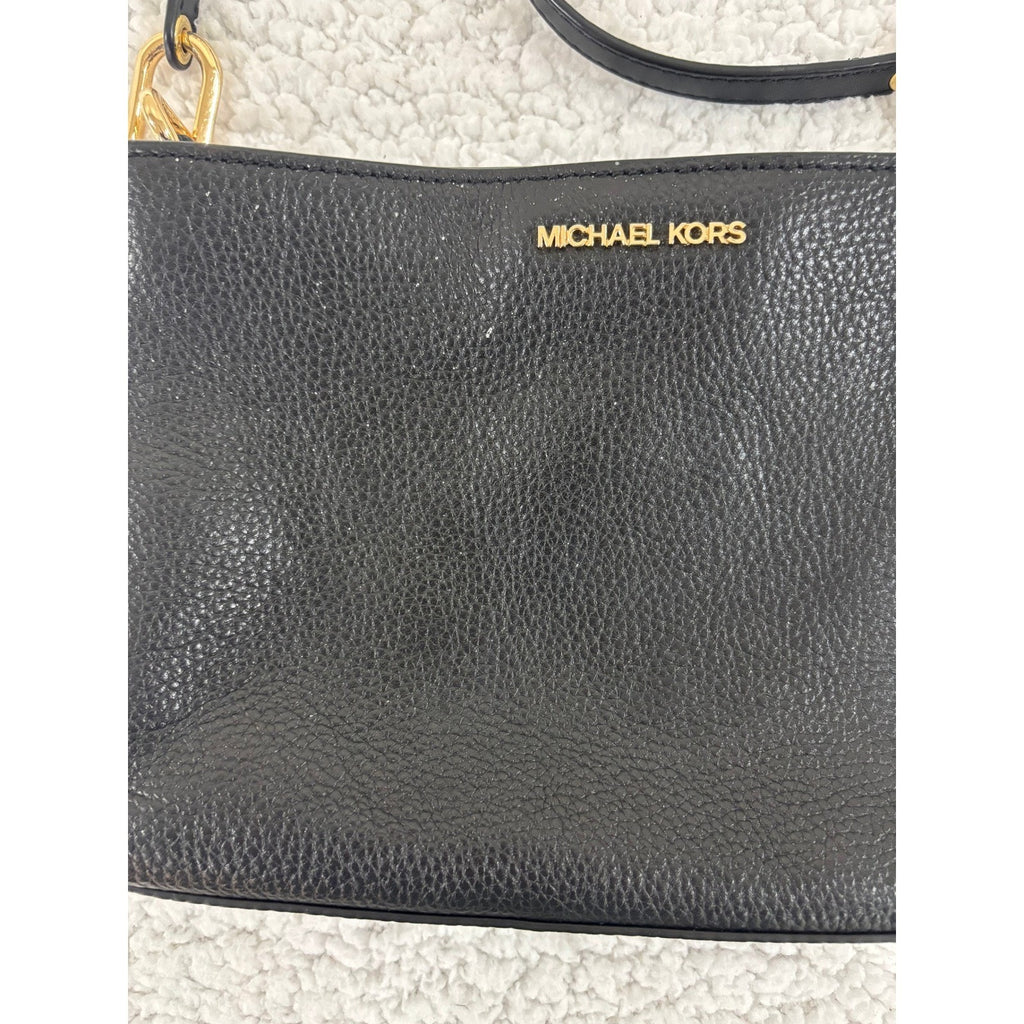 Michael Kors Small Black Pebbled Leather Crossbody Bag Purse Gold Logo Classic