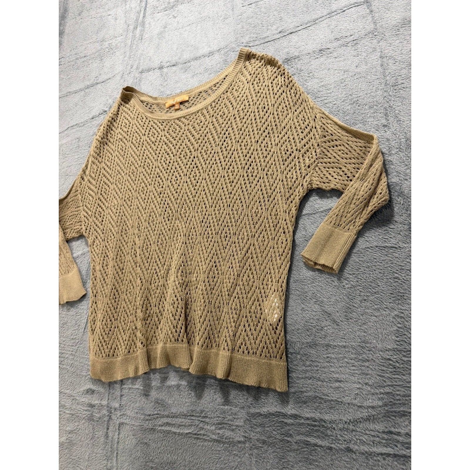Ellen Tracy Womens XL Tan Diamond Open Knit Crochet Sweater 3/4 Sleeve Boat Neck