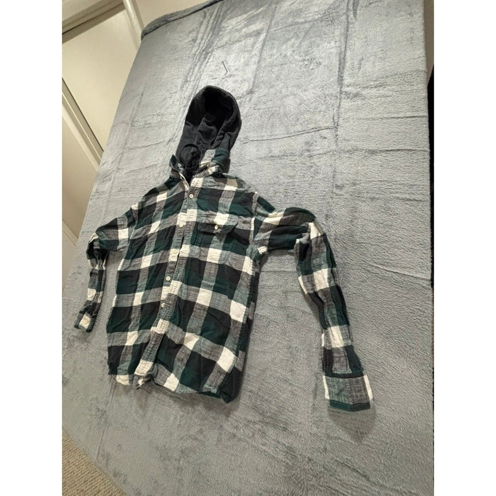 American Eagle S Green Plaid Hooded Flannel Shirt Womens Casual Vintage Style