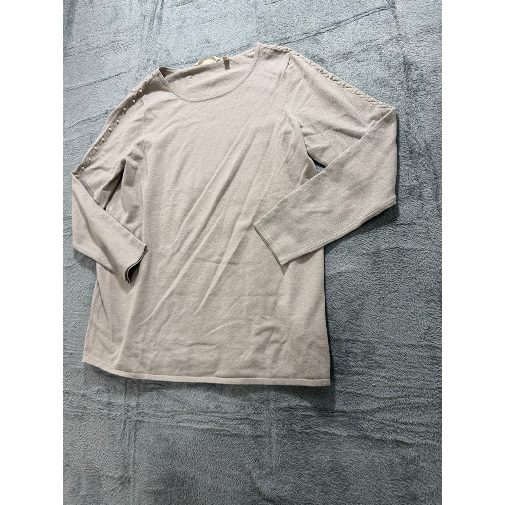 Soft Surroundings Taupe Pearl Embellished Scoop Neck Knit Sweater Top 2EU91 Mens
