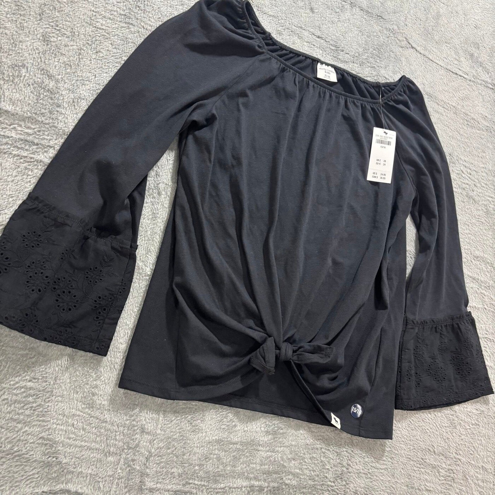 Abercrombie Kids 15/16 Black Womens Front Tie Top Bell Sleeve Boho Casual NEW