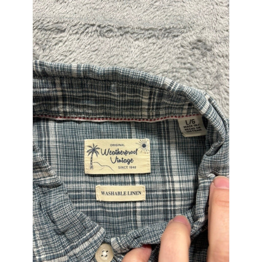 Weatherproof Vintage Shirts Mens L Plaid Linen Button Up Short Sleeve