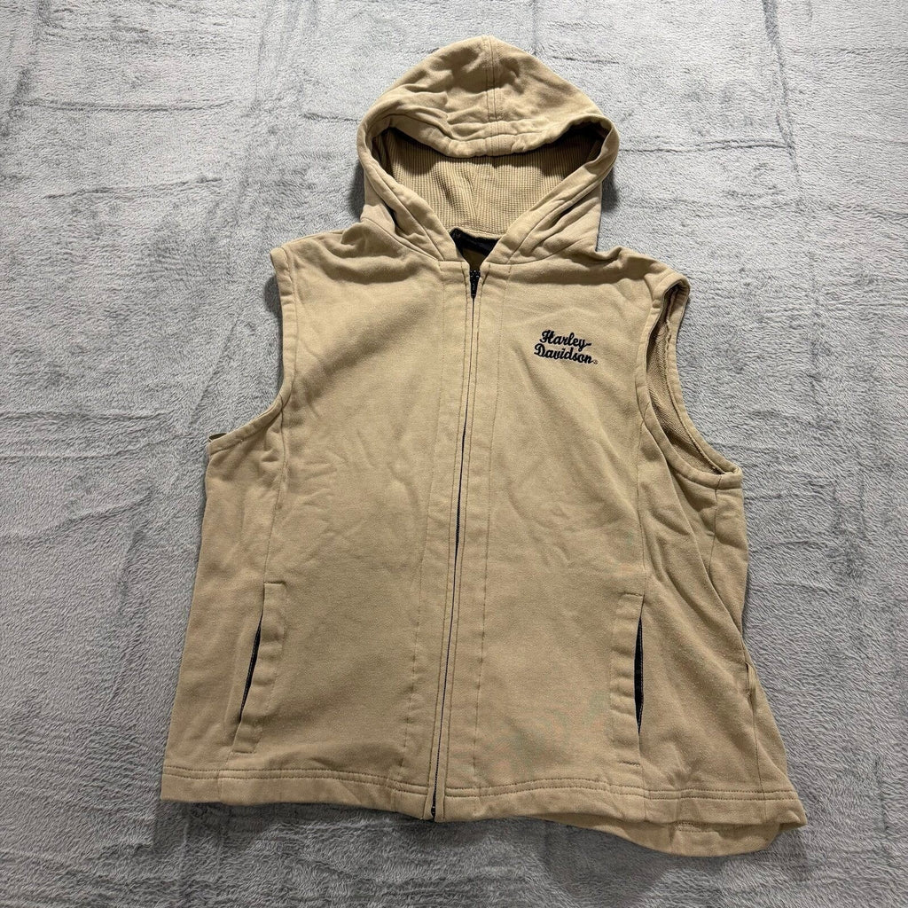 Harley Davidson XL Tan Womens Hooded Zip Up Vest Casual Vintage Biker Moto