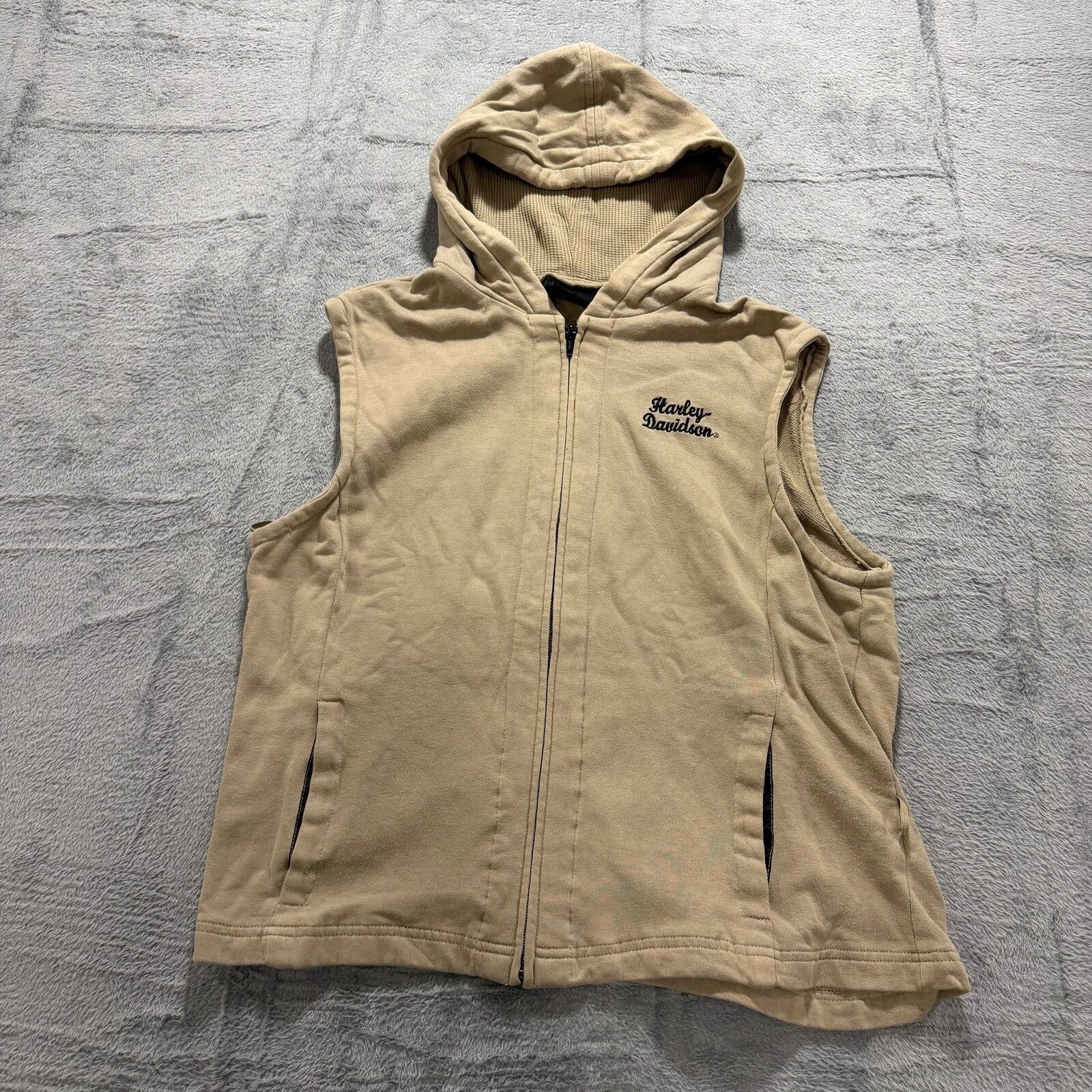 Harley Davidson XL Tan Womens Hooded Zip Up Vest Casual Vintage Biker Moto