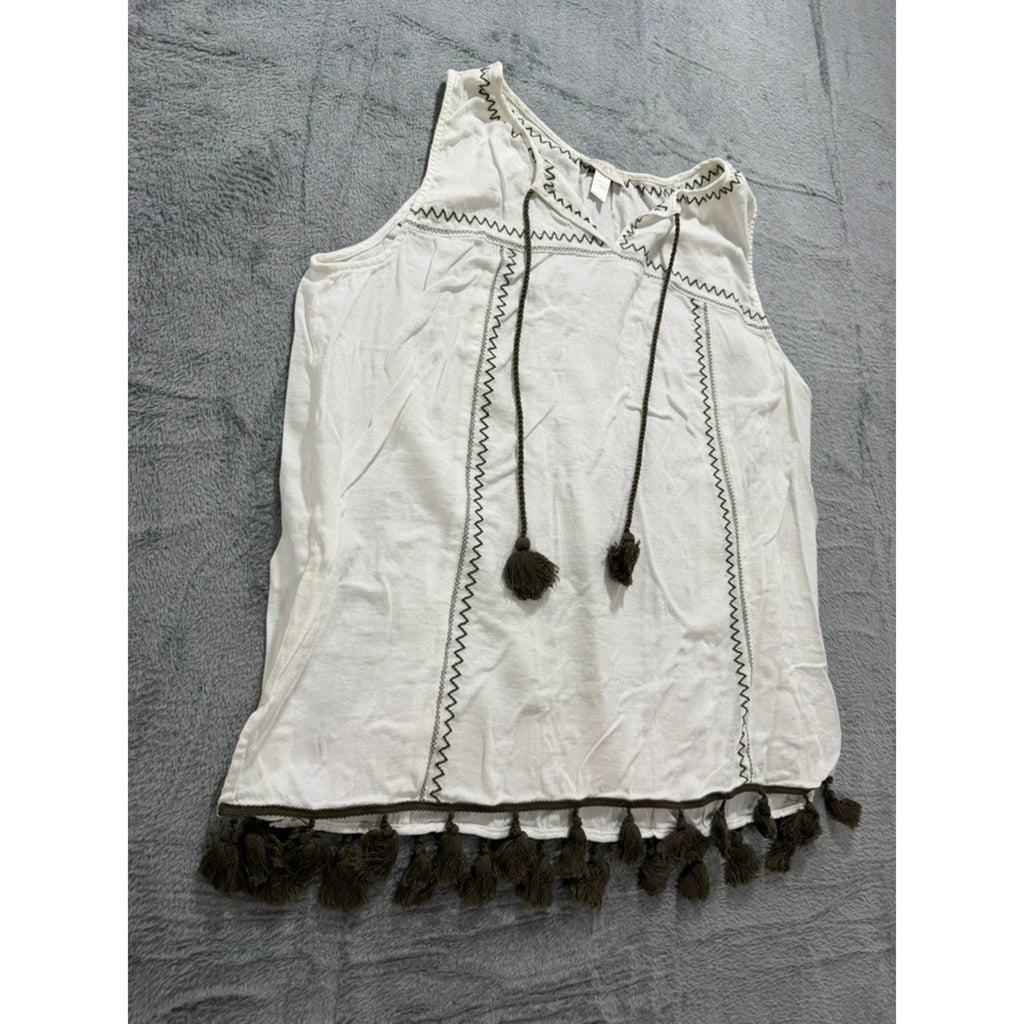 LOFT Outlet Women White Embroidered Tassel Boho Sleeveless Top Olive Green L