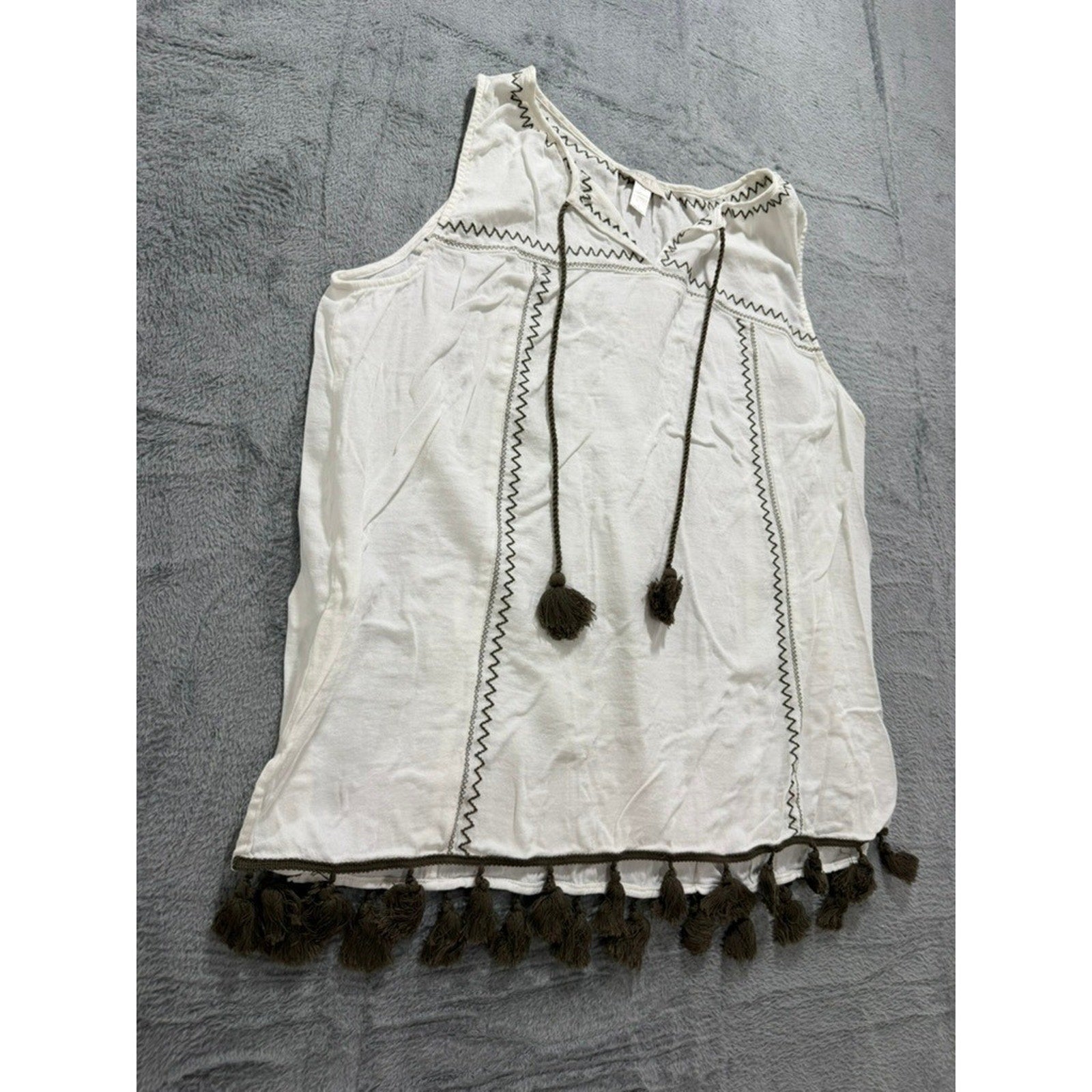 LOFT Outlet Women White Embroidered Tassel Boho Sleeveless Top Olive Green L