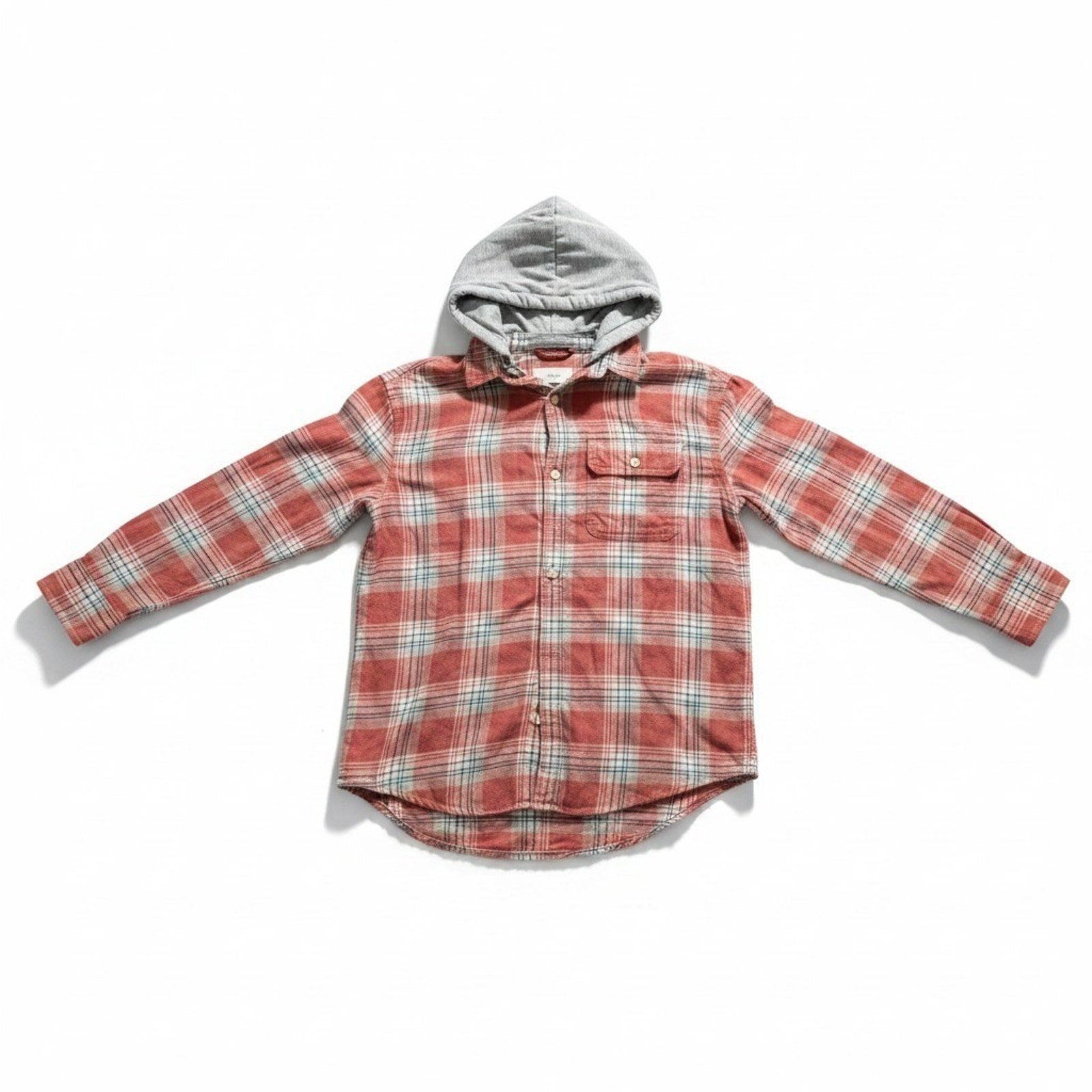 American Eagle Womens M Red Plaid Hooded Flannel Shirt Casual Vintage Cozy