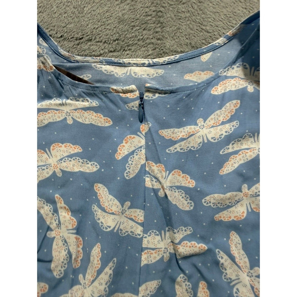 LOFT Dress Womens 12 Blue Dragonfly Print Cap Sleeve Fit Flare Midi