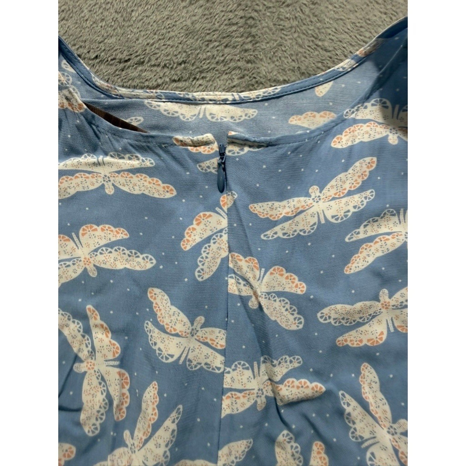 LOFT Dress Womens 12 Blue Dragonfly Print Cap Sleeve Fit Flare Midi