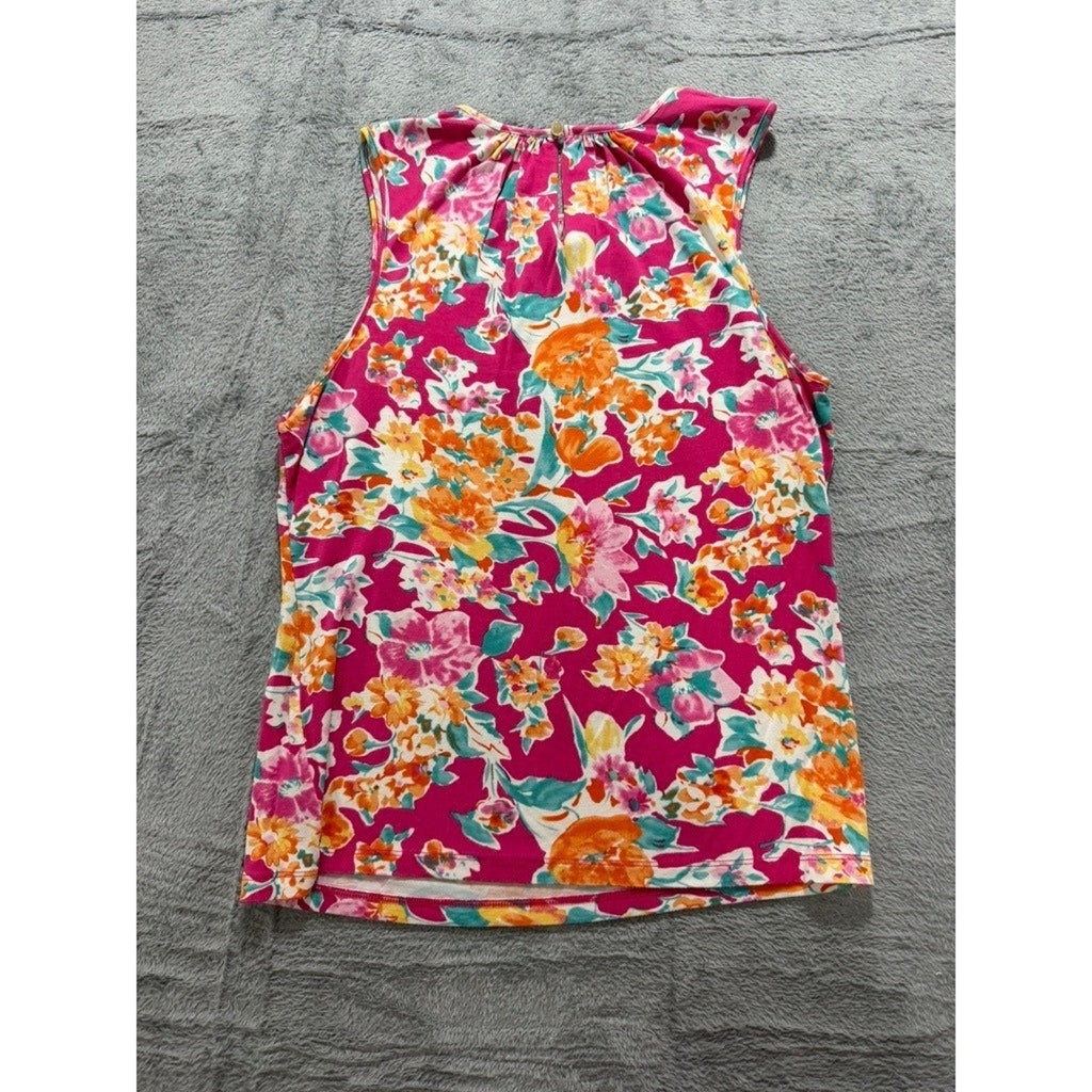 Chaps Womens Pink Floral Sleeveless Pleated Neck Shell Blouse Top Large L