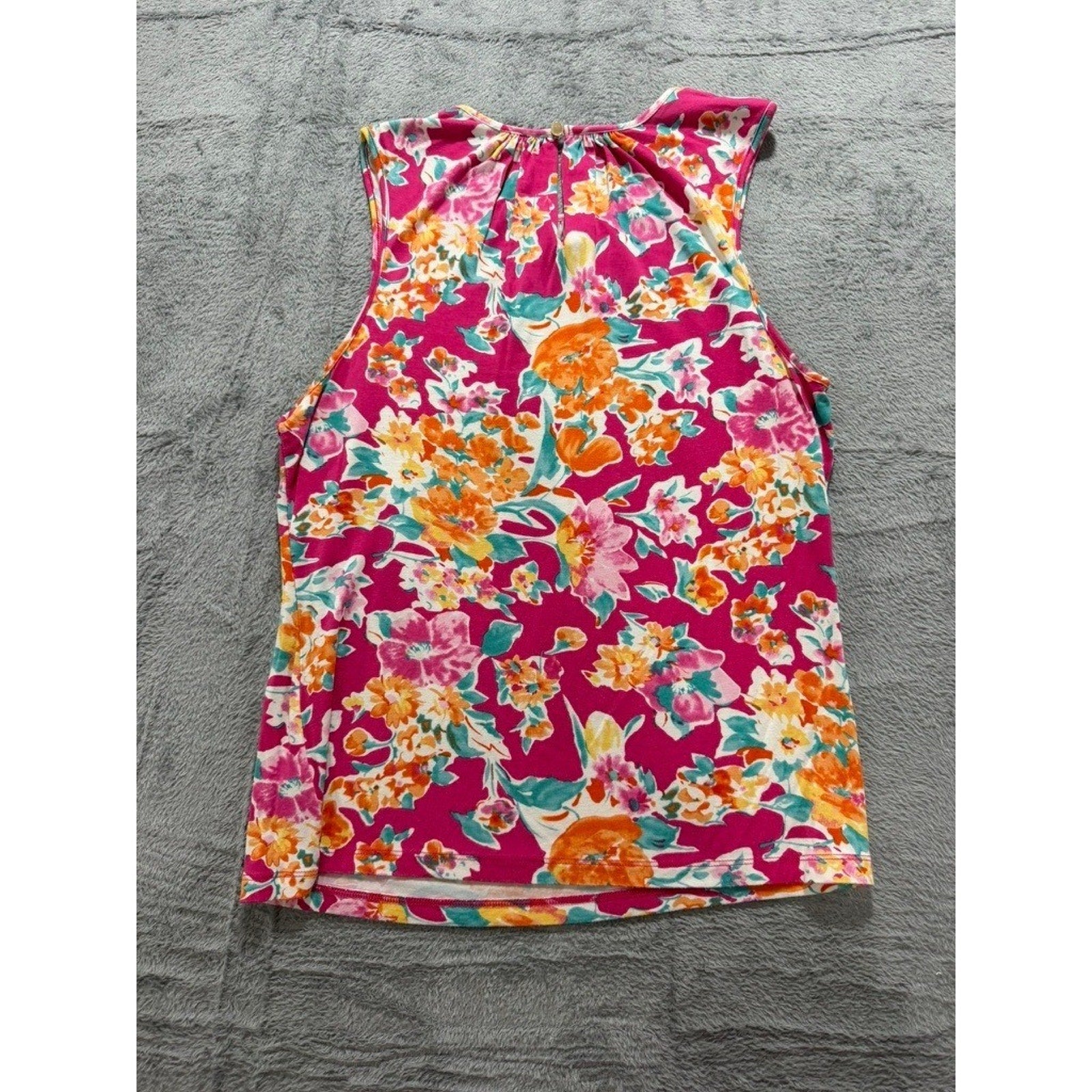 Chaps Womens Pink Floral Sleeveless Pleated Neck Shell Blouse Top Large L