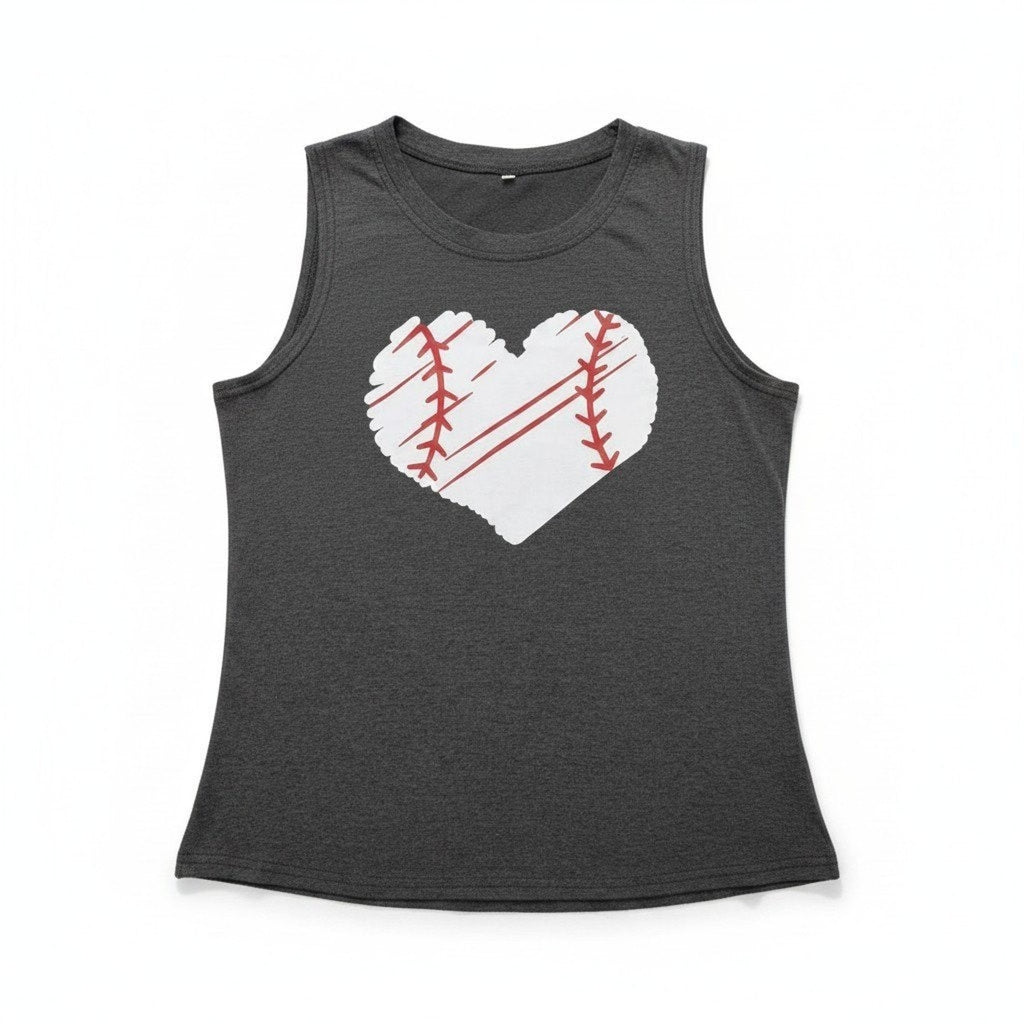 Womens L Gray Baseball Heart Graphic Muscle Tank Top Casual Athleisure Workout