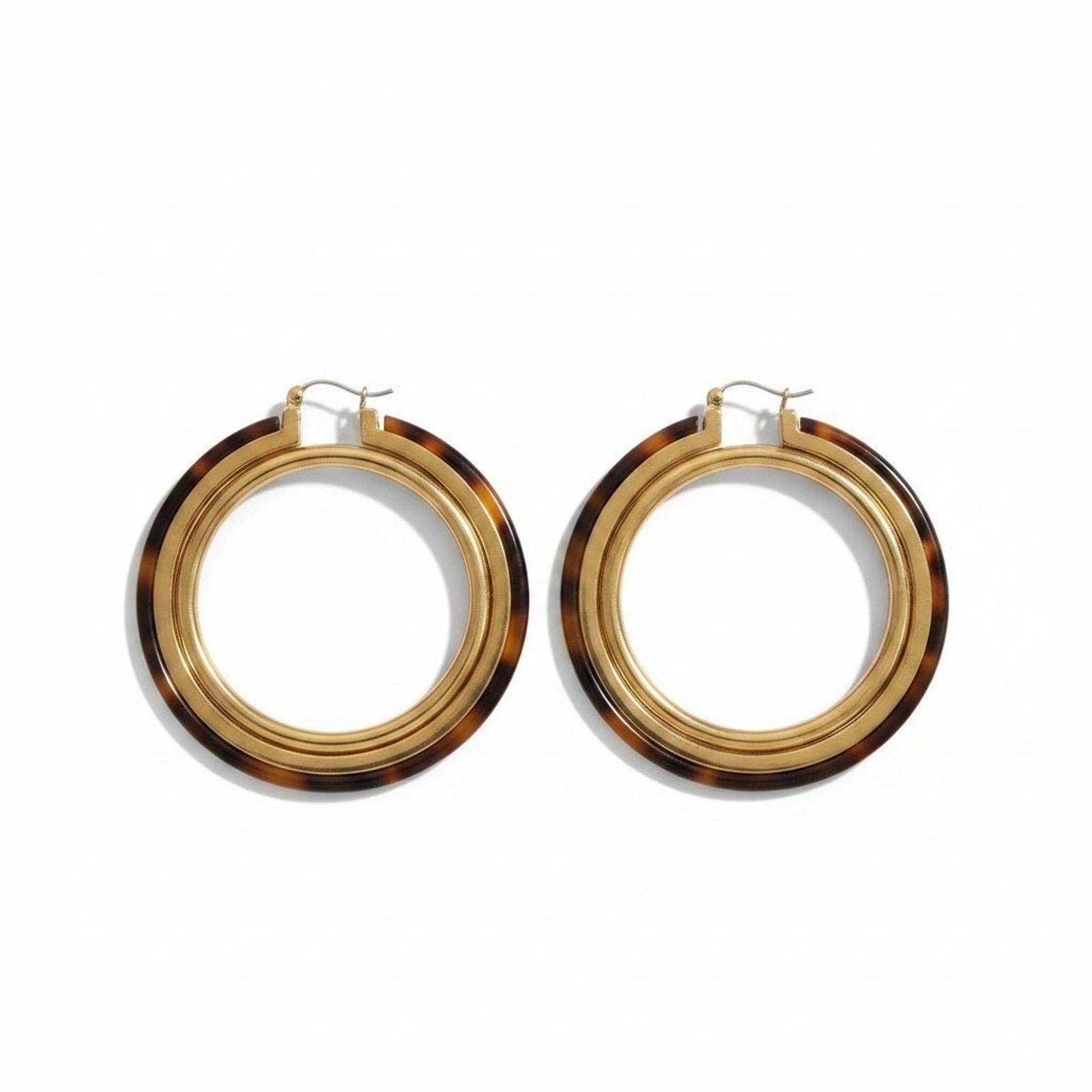 Womens OS Gold Tortoise Shell Double Hoop Earrings Boho Vintage Fashion Jewelry