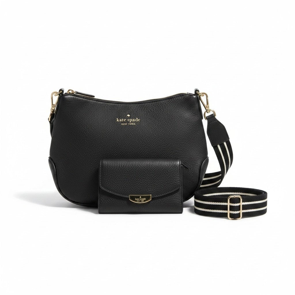 Kate Spade Black Leather Crossbody Bag & Wallet Set Pebbled Flap Purse Gold Logo