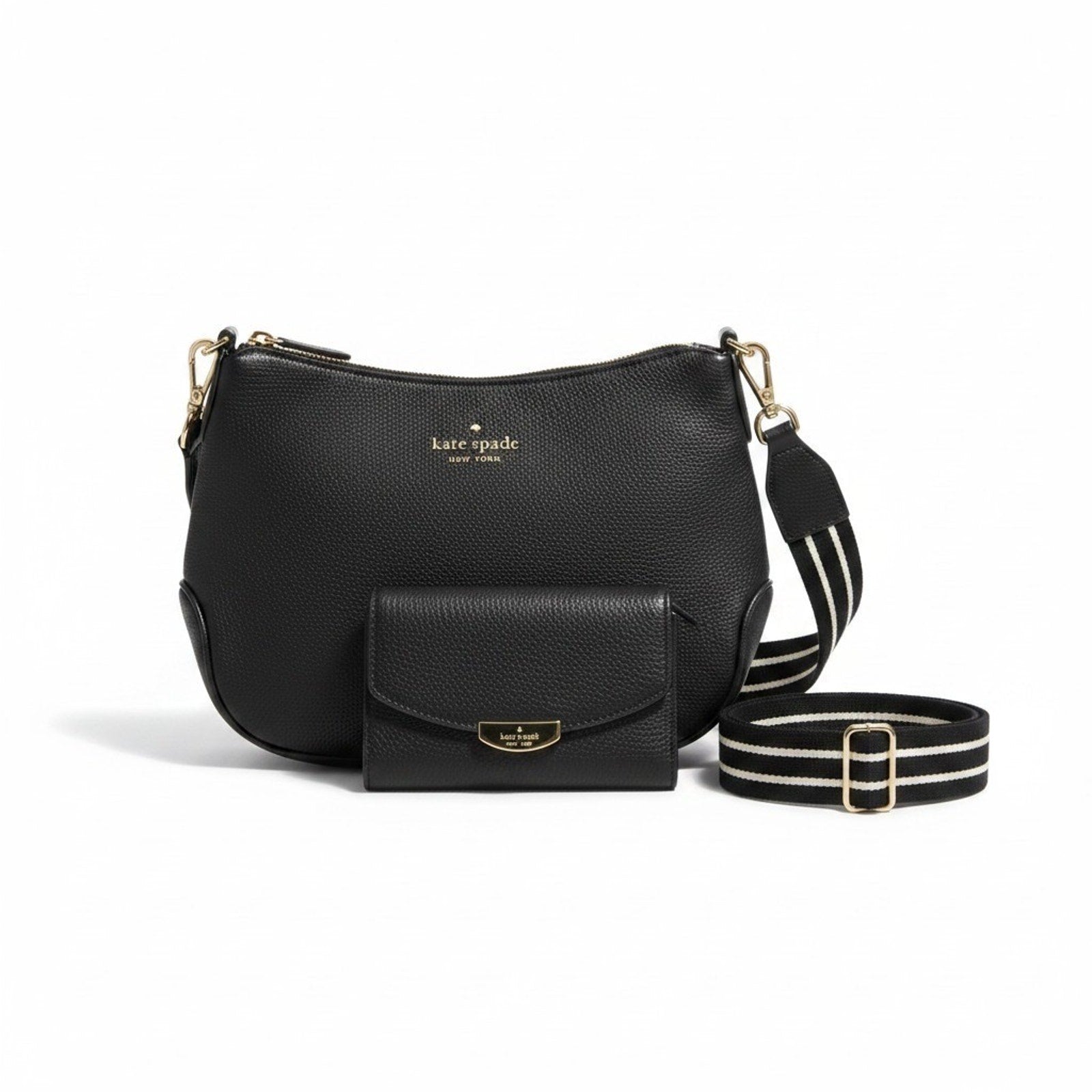 Kate Spade Black Leather Crossbody Bag & Wallet Set Pebbled Flap Purse Gold Logo
