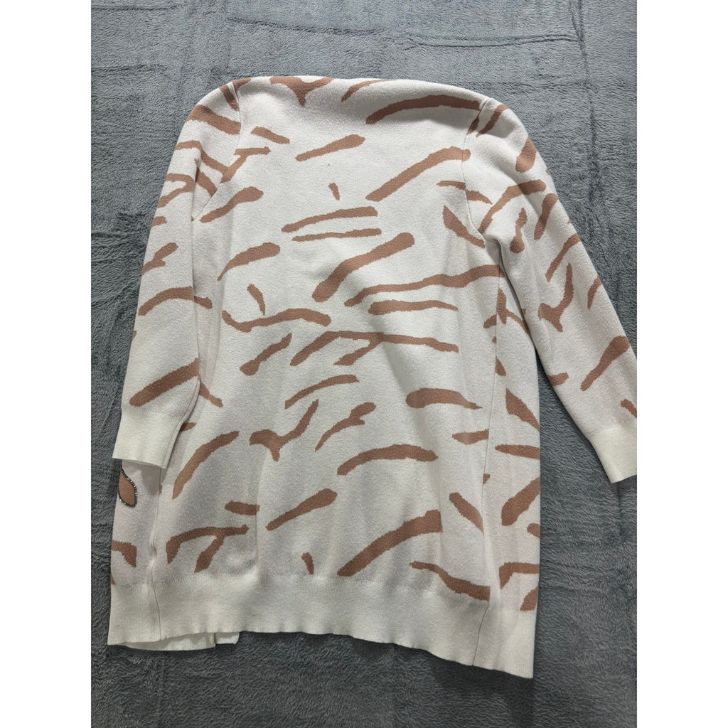 Ontwelfth Cardigan Womens Small Open Front Animal Print Cream Beige Knit