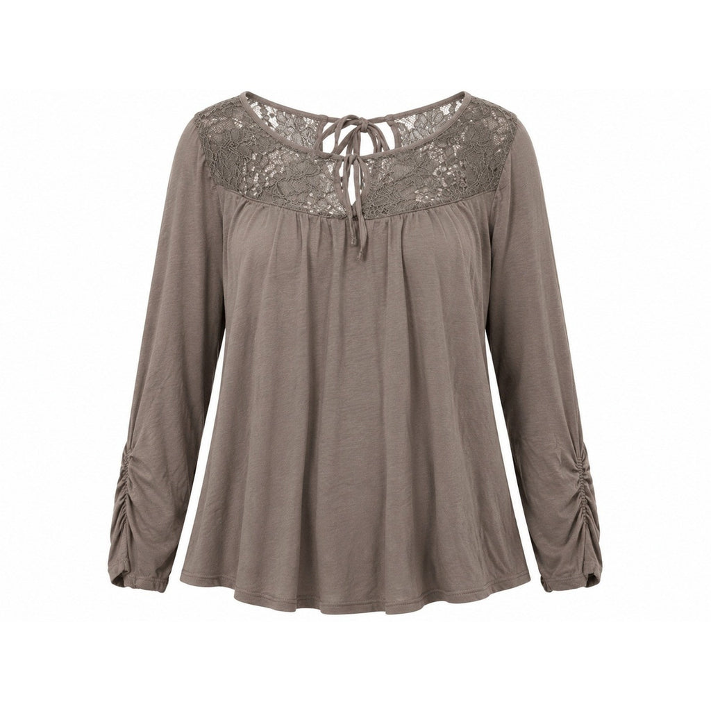 Maurices Womens XL Taupe Lace Yoke Tie Back Long Sleeve Ruched Peasant Top