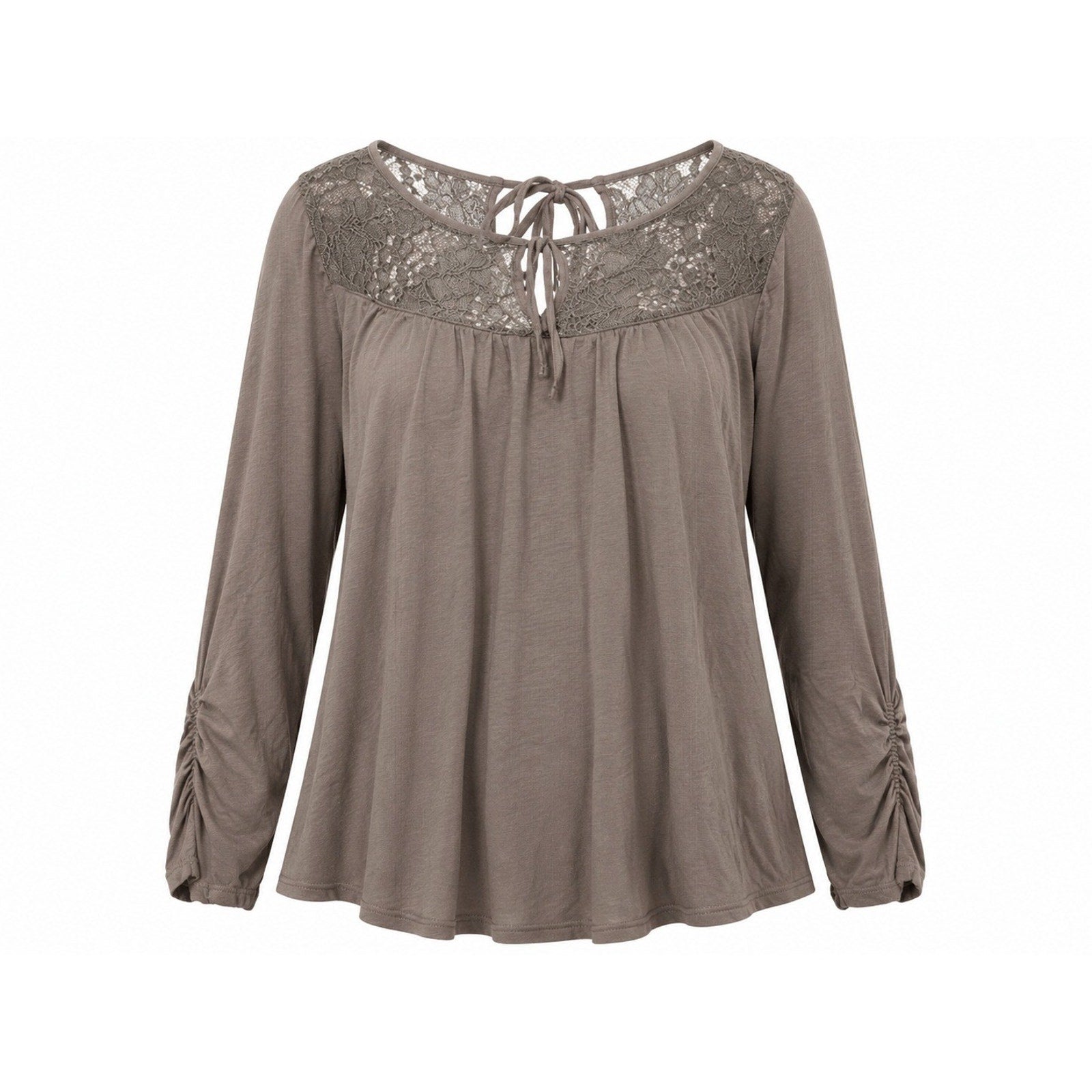 Maurices Womens XL Taupe Lace Yoke Tie Back Long Sleeve Ruched Peasant Top