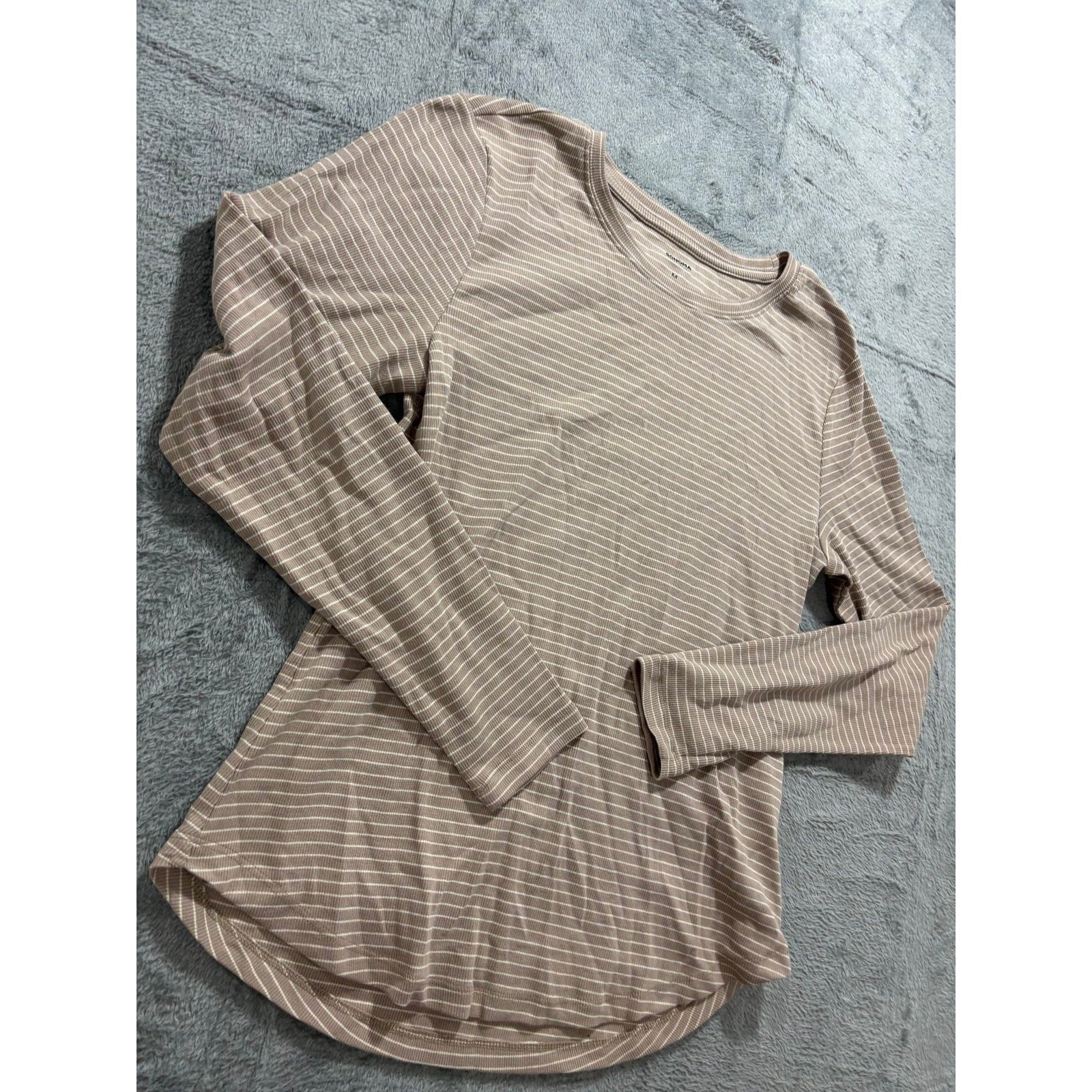 Sonoma Womens M Tan Striped Long Sleeve T-Shirt Casual Cottagecore