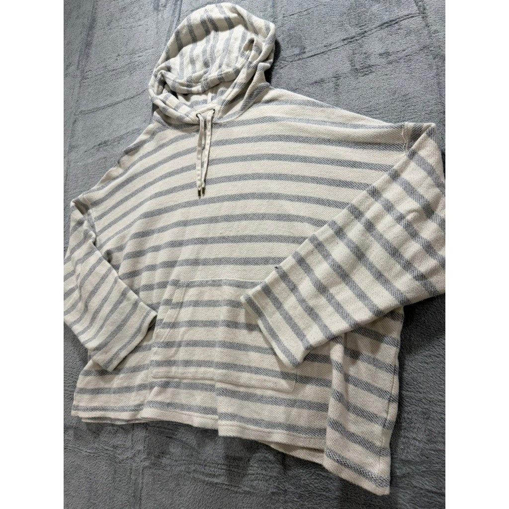 Oversized Striped Knit Hoodie Cream Grey Nautical Kangaroo Pocket Pullover Coast