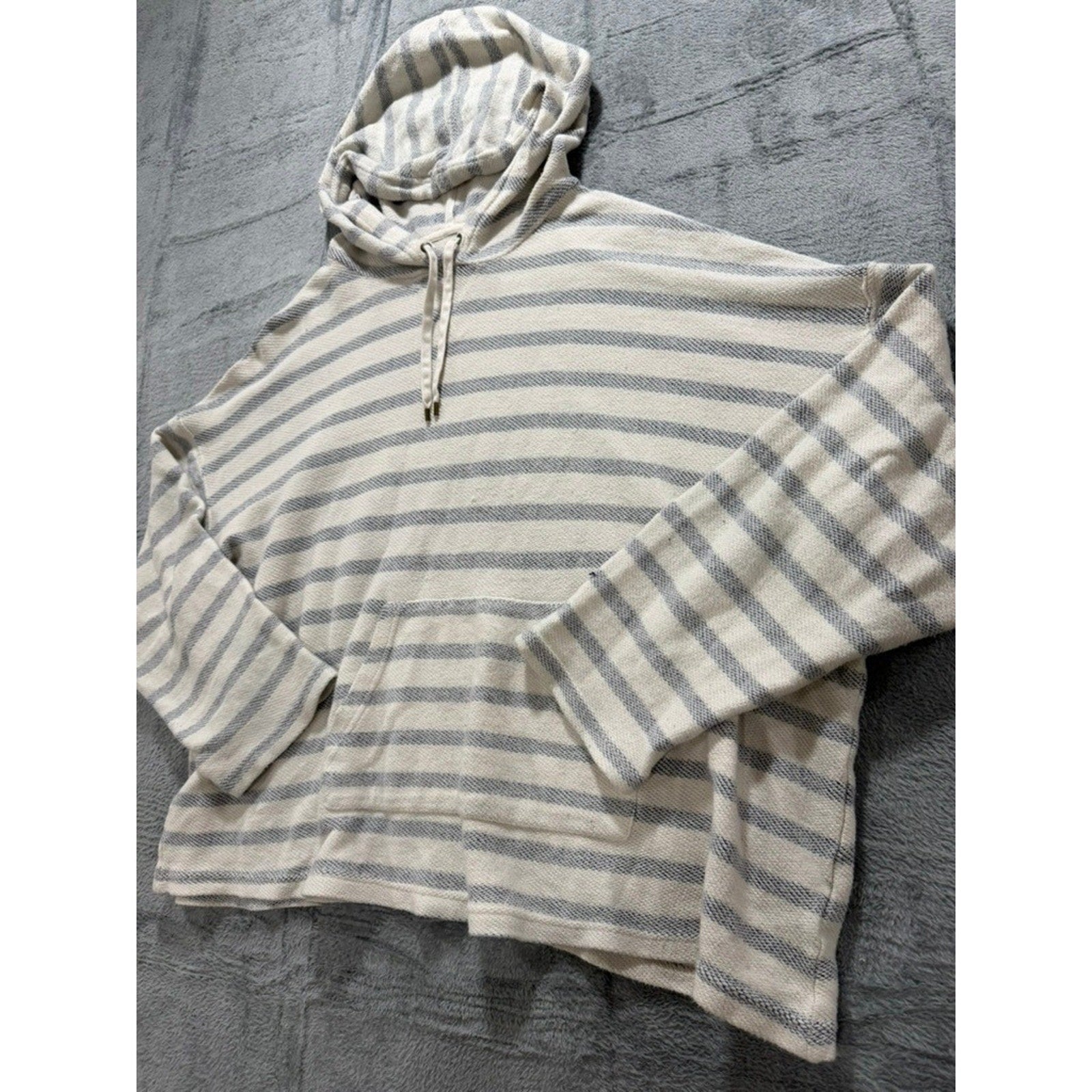 Oversized Striped Knit Hoodie Cream Grey Nautical Kangaroo Pocket Pullover Coast