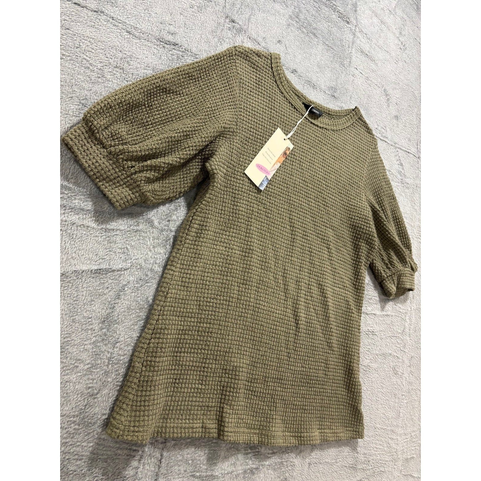 Dokotoo Womens S Olive Green Waffle Knit Puff Sleeve Top Casual Cozy Boho