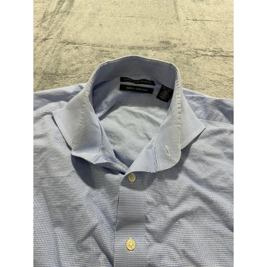 Saks Fifth Avenue Dress Shirt Mens 17 34/35 Blue Check Slim Fit Cotton Button